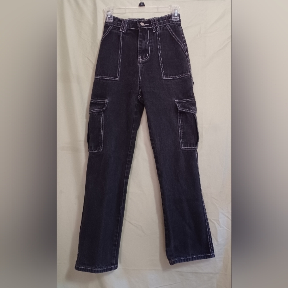 Black Cargo Jeans High Waist Wide Straight Leg Trousers - Picture 2 of 11